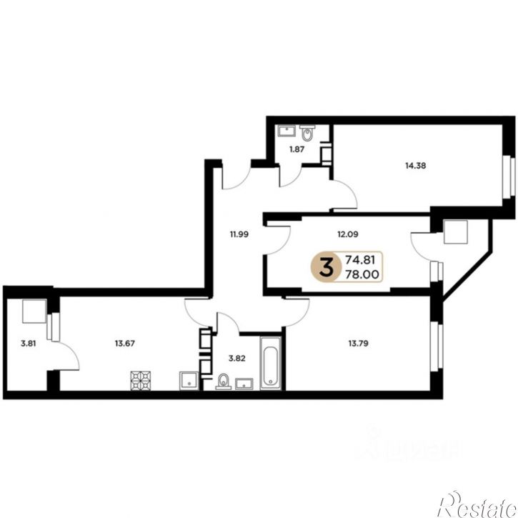 3-комн квартира в новом доме Московское шоссе, 18-й километр, 53