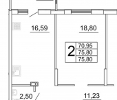 2-комн, 76 кв м, этаж 22/26 улица Дыбенко, 11