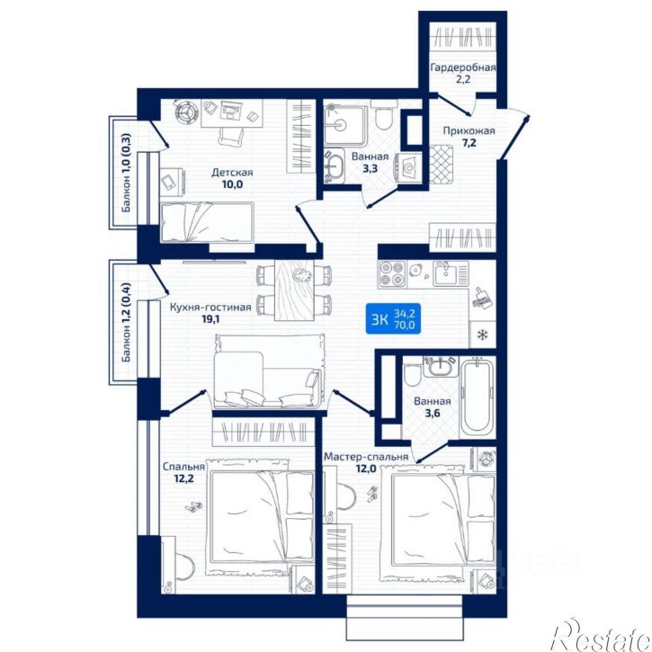 3-комн квартира в новом доме 8-я Радиальная улица, 31,  д. 31