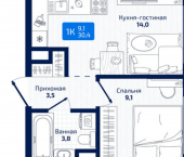 1-комн, 30 кв м, этаж 4/19 ул Радиальная 8-я, 31