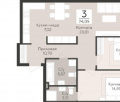 3-комн, 74 кв м, этаж 3/5 лн Третья, 4