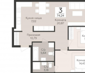 3-комн, 74 кв м, этаж 2/5 лн Третья, 4