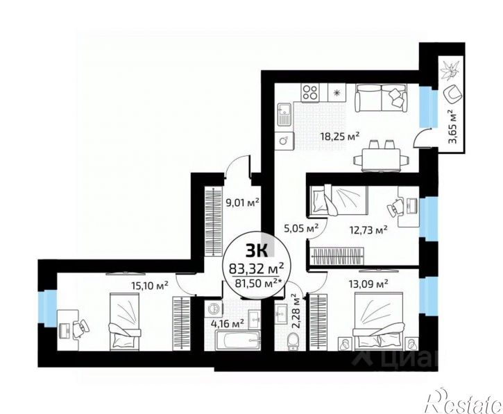 3-комн квартира в новом доме 1-й кв-л, 50,  д. 50