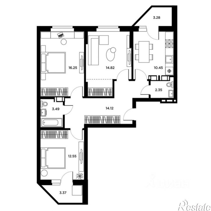 3-комн квартира в новом доме Московское шоссе, 18-й километр, 55
