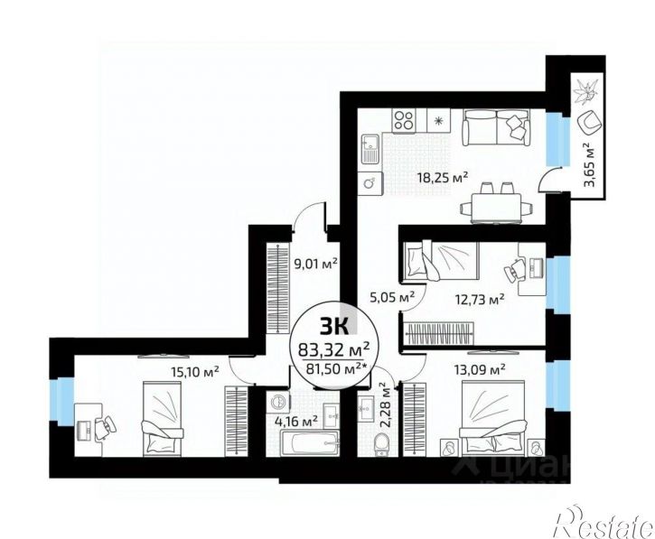 3-комн квартира в новом доме 1-й кв-л, 50,  д. 50