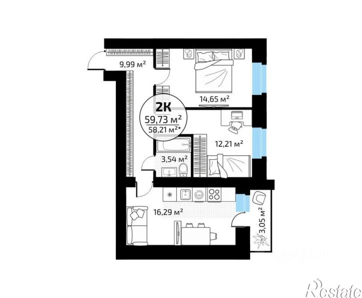 2-комн квартира в новом доме 1-й кв-л, 50,  д. 50