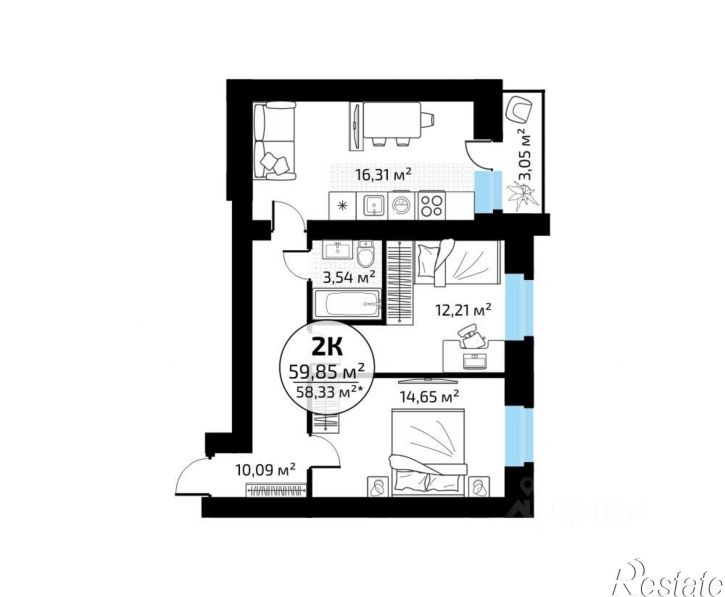 2-комн квартира в новом доме 1-й кв-л, 50,  д. 50