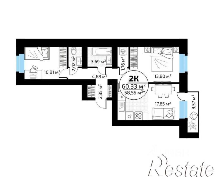 2-комн квартира в новом доме 1-й кв-л, 50,  д. 50