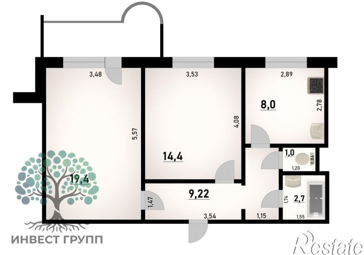 2-комн квартира Парижской Коммуны улица, 23